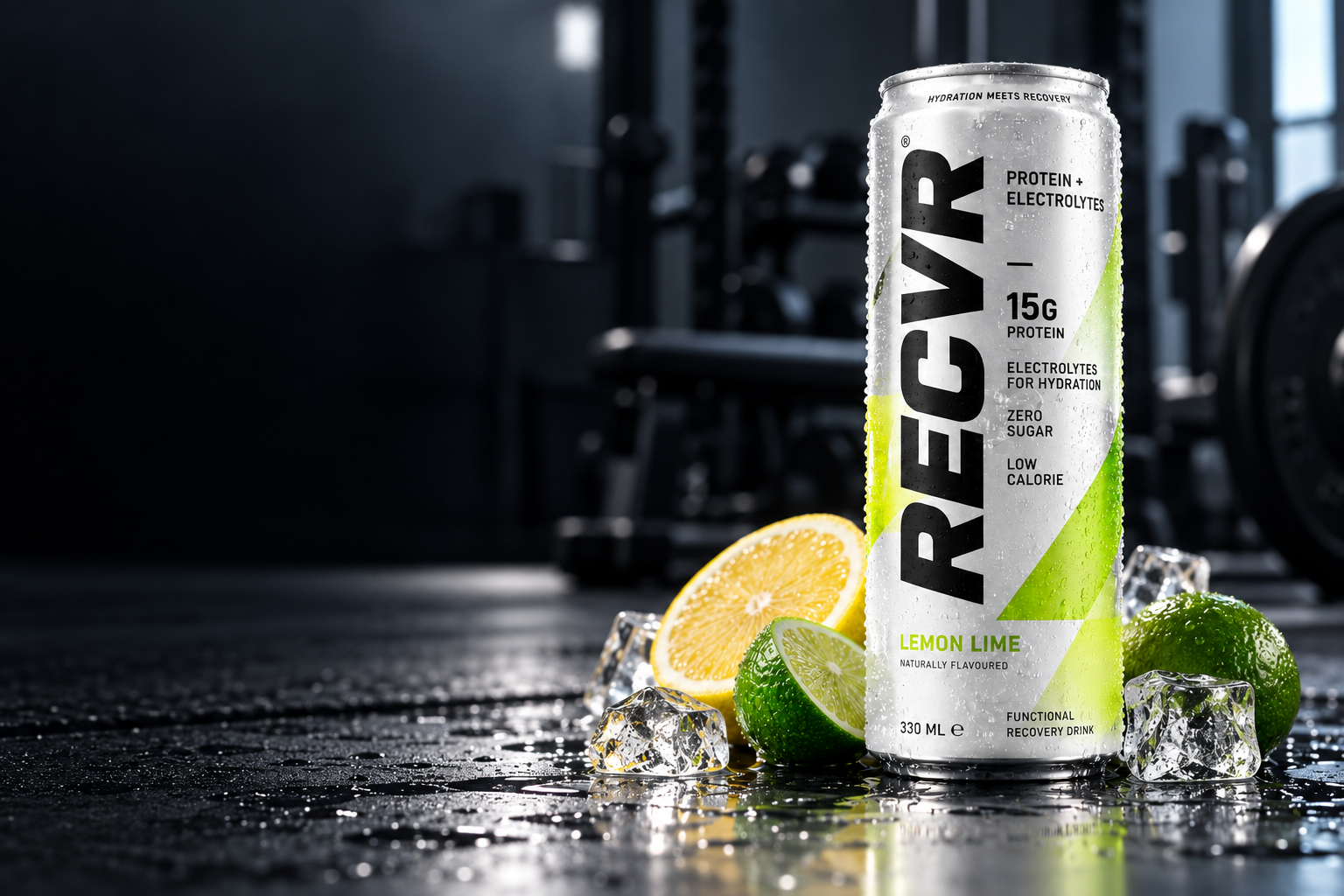 Silver-white RECVR slim can with diagonal lime accents: 15G protein + electrolytes, Lemon-Lime, zero sugar, 330 ml